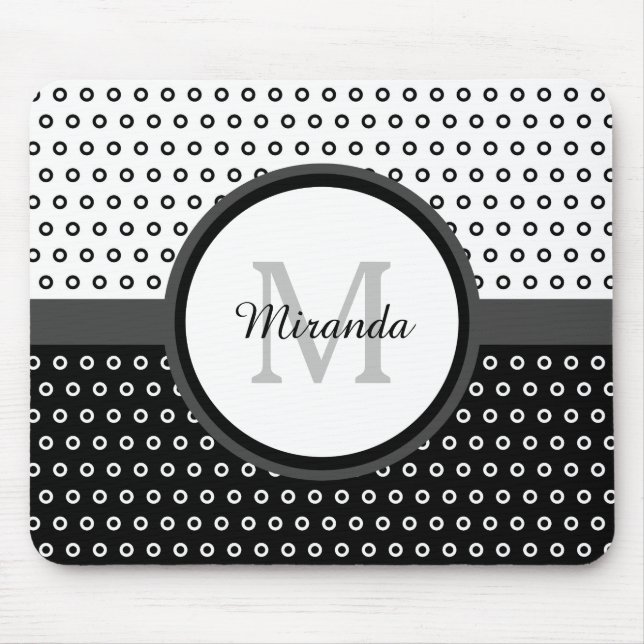 Mod Black and White Polka Dots Monogram With Name Mouse Mat (Front)