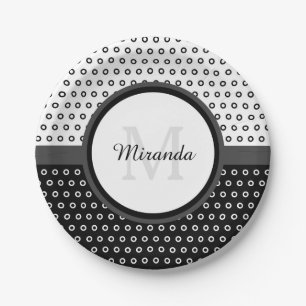 Mod Black and White Polka Dots Monogram With Name Paper Plate