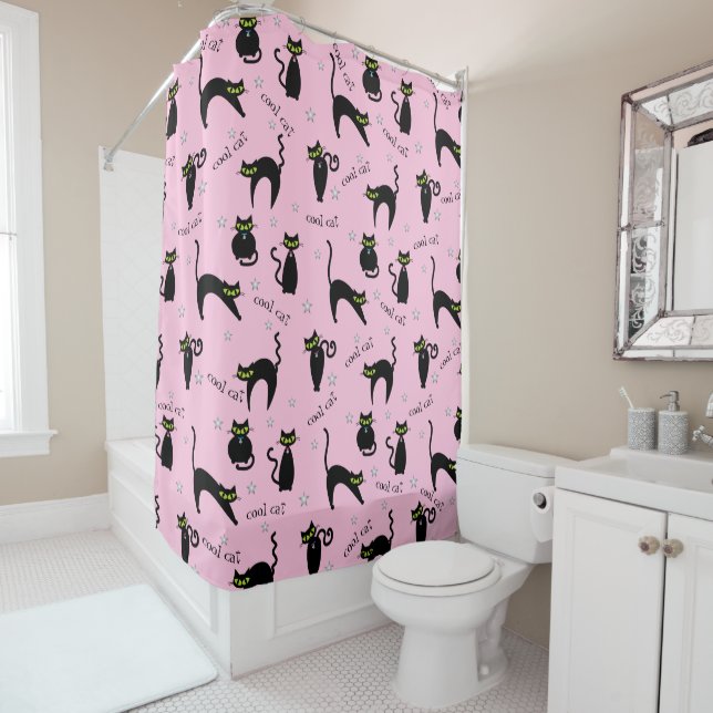 Mod Black Cats Custom Phrase Shower Curtain (In Situ)