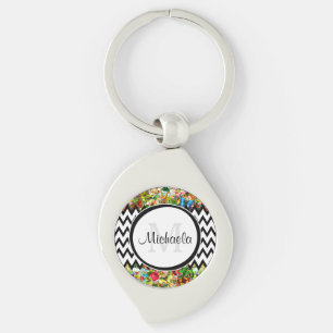 Mod Black Chevron Vintage Floral Monogram and Name Key Ring