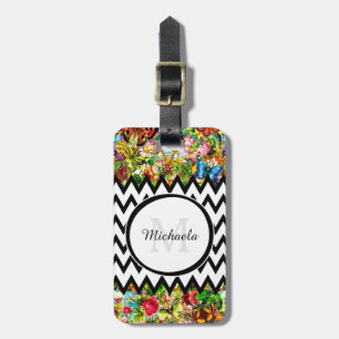 Mod Black Chevron Vintage Floral Monogram and Name Luggage Tag