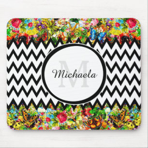 Mod Black Chevron Vintage Floral Monogram and Name Mouse Mat