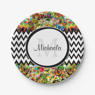 Mod Black Chevron Vintage Floral Monogram and Name Paper Plate