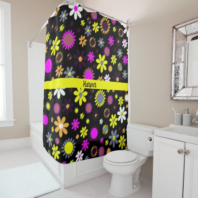 Mod Black Floral Shower Curtain (In Situ)