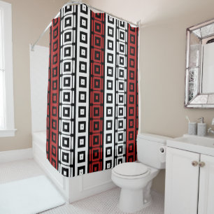 mod black white Red squares stripe pattern Shower Curtain