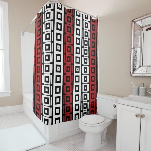 mod black white Red squares stripe pattern Shower Curtain (In Situ)