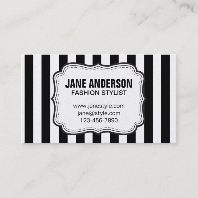 Mod Black White Stripes Pattern FASHION STYLIST Business Card (Front)