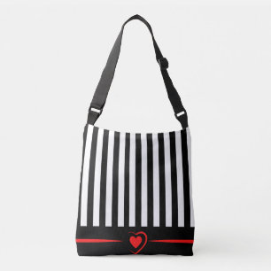 Mod Black & White Stripes with Bright Red Heart Crossbody Bag