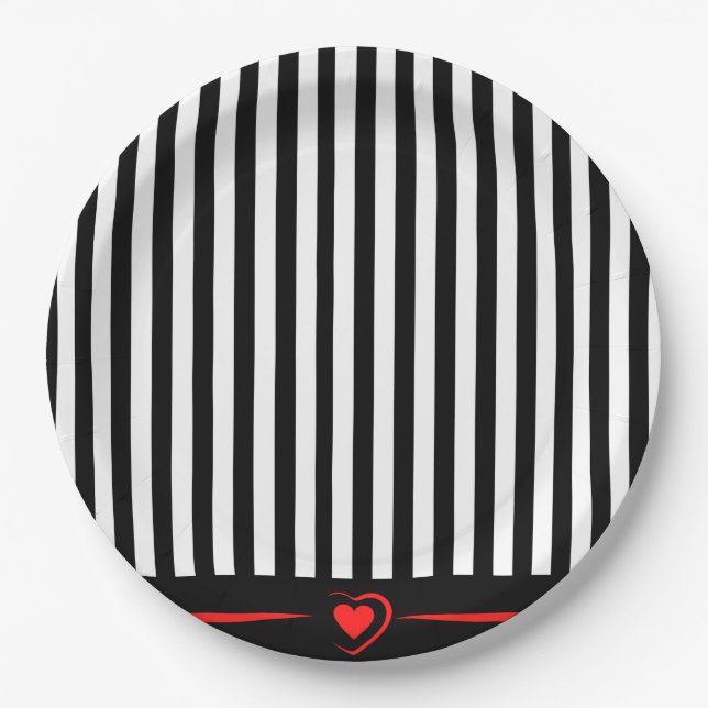 Mod Black & White Stripes with Bright Red Heart Paper Plate (Front)