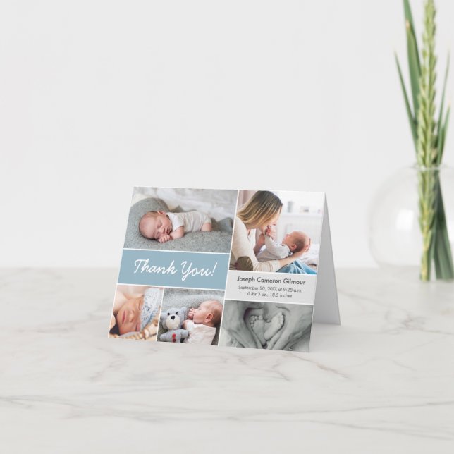 Mod blue Custom Photo Collage Baby Boy Birth  Thank You Card (Front)