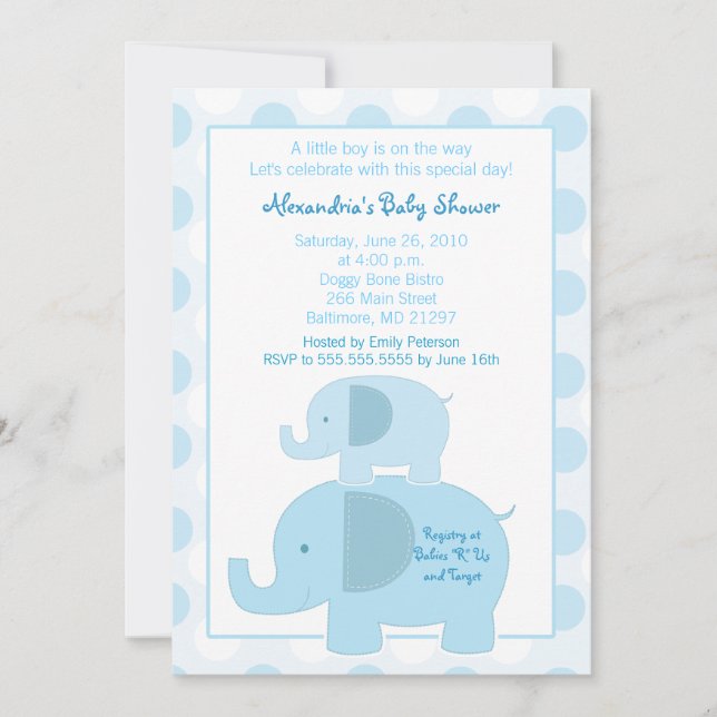 Mod Blue Elephants 5x7 Baby Shower invitation (Front)