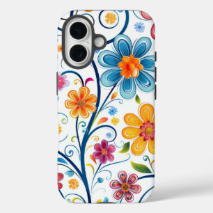 Mod Blue, Pink, Yellow Flowers Illustration iPhone 16 Case