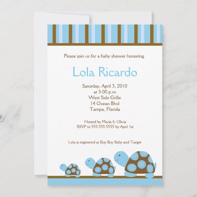 Mod Blue Turtles Striped Baby Shower invite 5 x 7 (Front)