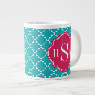 Mod Bright Blue Trellis Pink Monogram Large Coffee Mug