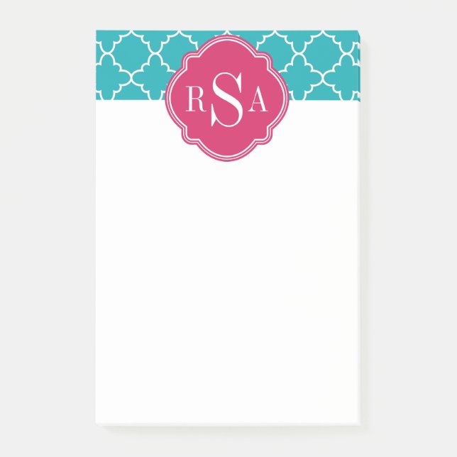 Mod Bright Blue Trellis Pink Monogram Post-it Notes (Front)