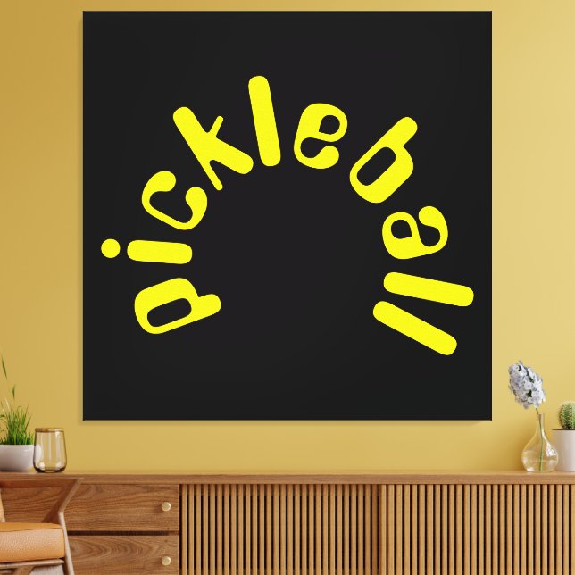 Mod Bright Yellow PICKLEBALL Text On Bold Black Canvas Print (Insitu(LivingRoom))