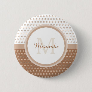 Mod Brown and White Polka Dots Monogram With Name 6 Cm Round Badge