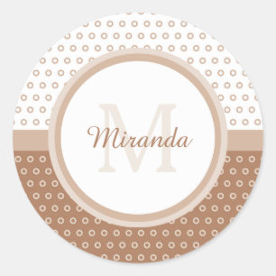 Mod Brown and White Polka Dots Monogram With Name Classic Round Sticker