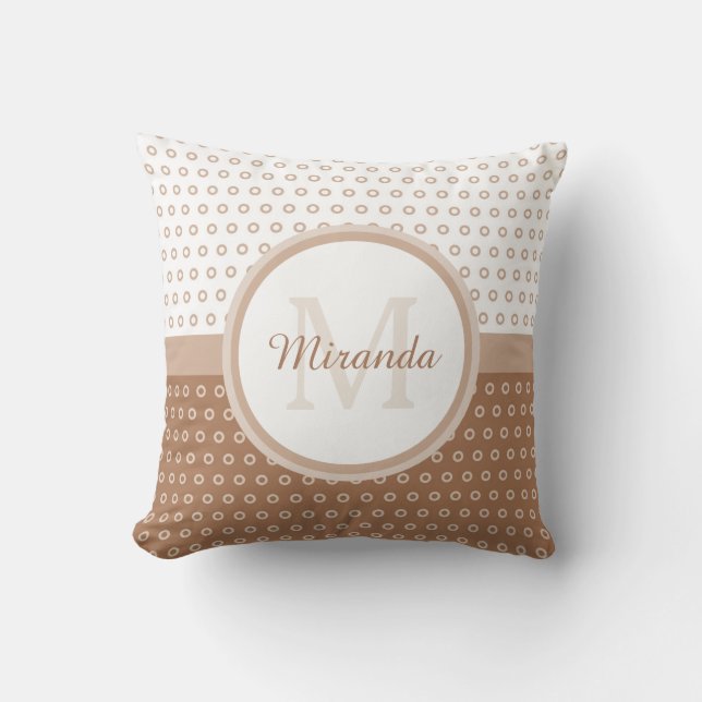 Mod Brown and White Polka Dots Monogram With Name Cushion (Front)