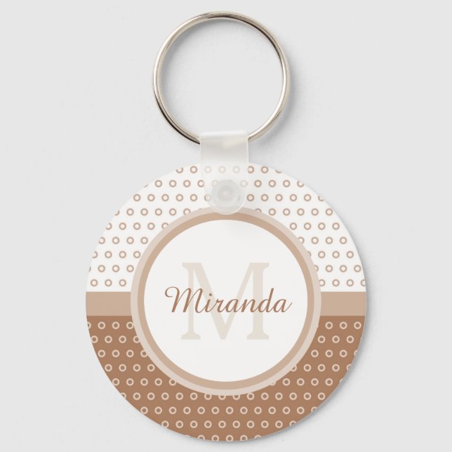 Mod Brown and White Polka Dots Monogram With Name Key Ring (Front)