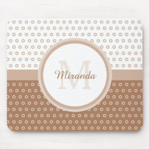 Mod Brown and White Polka Dots Monogram With Name Mouse Mat