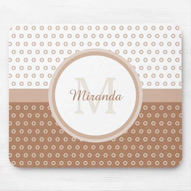 Mod Brown and White Polka Dots Monogram With Name Mouse Mat (Front)