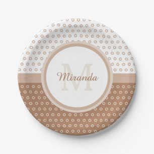 Mod Brown and White Polka Dots Monogram With Name Paper Plate