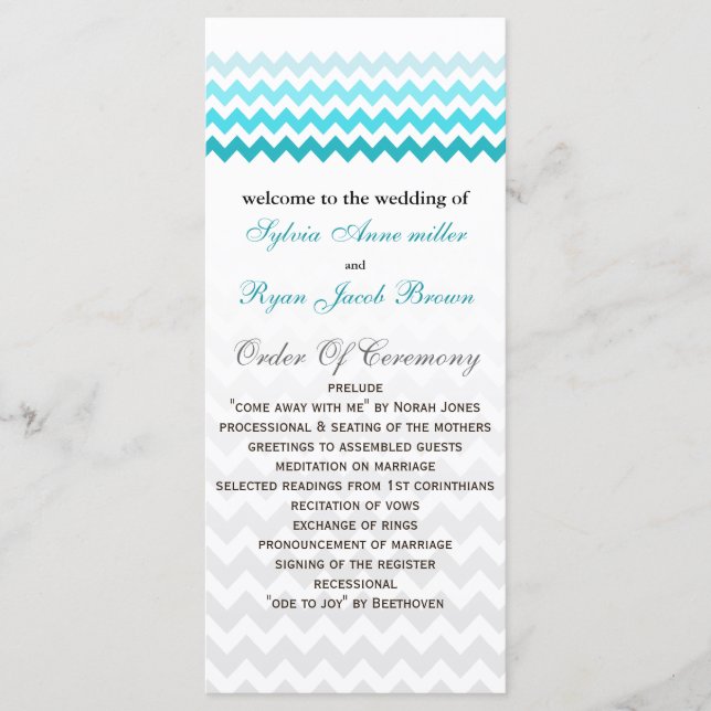Mod chevron aqua Ombre Wedding program Programme (Front)