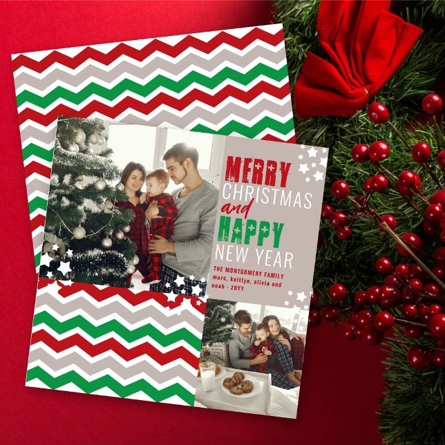 Mod Chevron Merry Christmas Happy New Year Photo Holiday Card (Creator Uploaded)