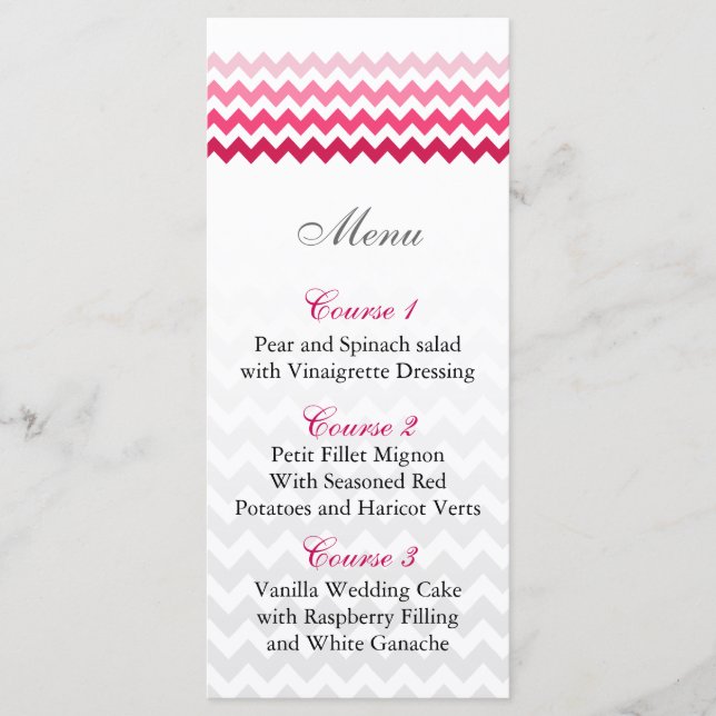 Mod chevron Pink Ombre wedding menu cards (Front)