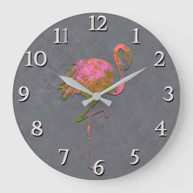 Mod Colourful Summer Flamingo Chic Modern Grey Large Clock (Front)