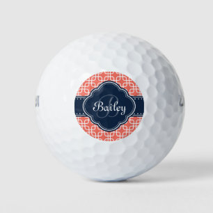 Mod Coral Pattern Navy Quatrefoil Monogram Golf Balls