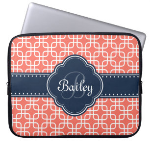 Mod Coral Pattern Navy Quatrefoil Monogram Laptop Sleeve