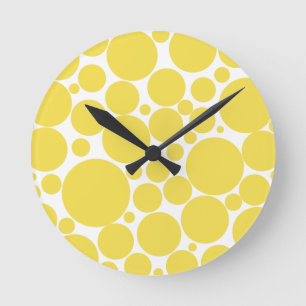 Mod Dots Pattern in Lemon Yellow and White Round Clock