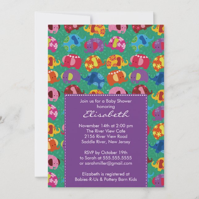 Mod Elephant Baby Shower Invitation Purple (Front)