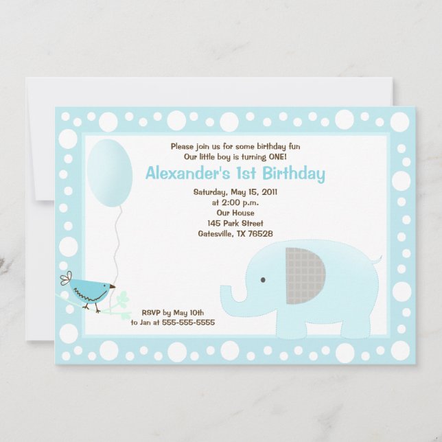 Mod Elephant Jungle Dot 5x7 Birthday Invite Blue (Front)