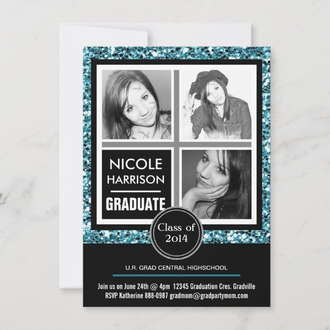 Mod Faux Aqua Blue Glitter Girl 3 Photo Graduation Invitation (Front)