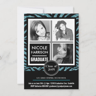 Mod Faux Glitter Zebra Girl 3 Photo Graduation Invitation