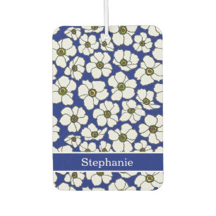 Mod Floral Print On Blue With Personalisation Car Air Freshener