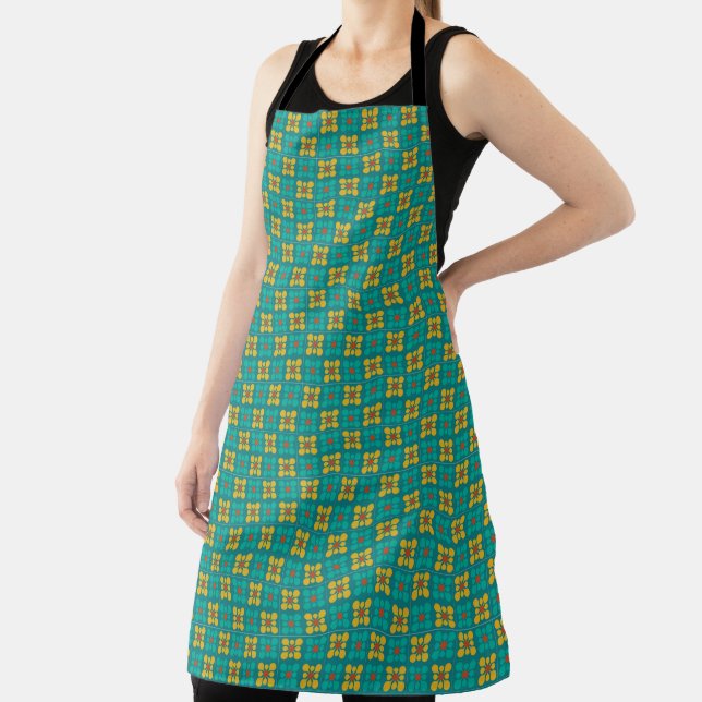 Mod Flower tile pattern Teal & Yellow, squares Apron (Insitu)