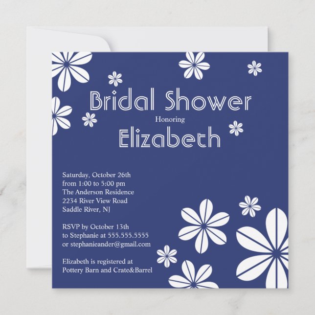 Mod Flowers Bridal Shower Invitation Navy Blue (Front)