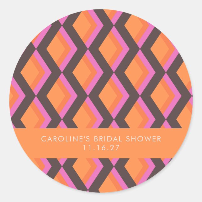 Mod Geometric Pink Brown Custom Bridal Shower Classic Round Sticker (Front)
