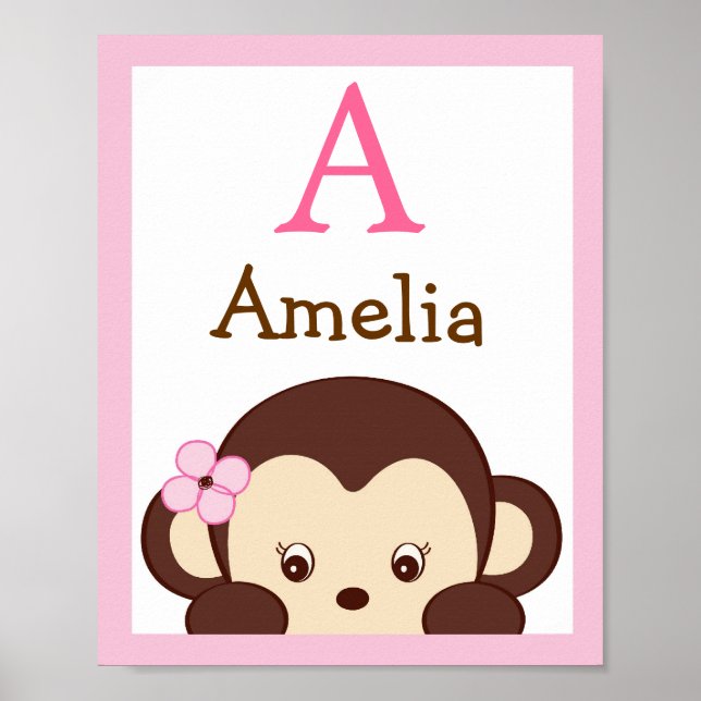Mod Girl Monkey Nursery Wall Art Name Print (Front)
