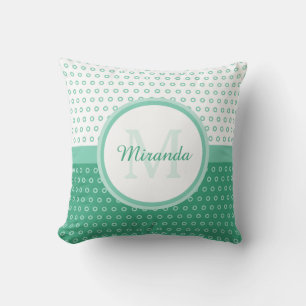 Mod Green and White Polka Dots Monogram With Name Cushion