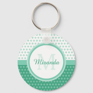 Mod Green and White Polka Dots Monogram With Name Key Ring