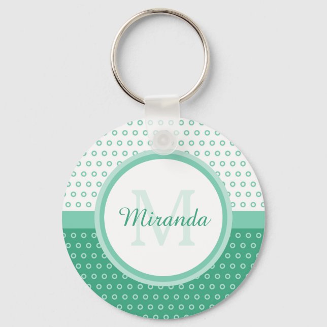 Mod Green and White Polka Dots Monogram With Name Key Ring (Front)