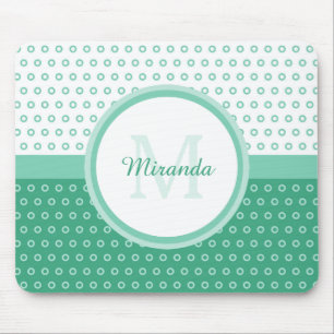 Mod Green and White Polka Dots Monogram With Name Mouse Mat