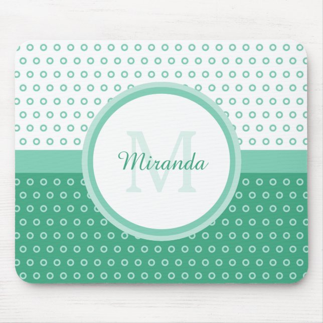 Mod Green and White Polka Dots Monogram With Name Mouse Mat (Front)