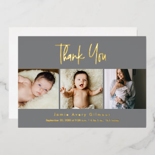 Mod Grey 3 baby Photos Luxe Gold Script Foil Holiday Card