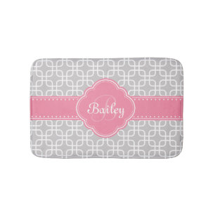 Mod Grey Pattern Pink Quatrefoil Monogram Bath Mat